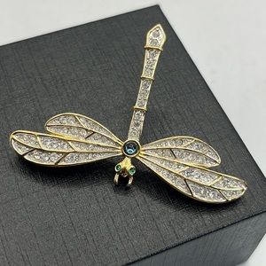 Golden Crystal Dragonfly Brooch Pin 1.25"